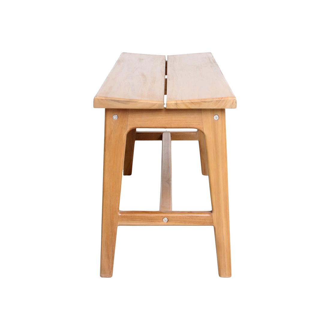 Kayu Living sustainable teak wood bench with a natural finish, suitable for indoor or outdoor use.