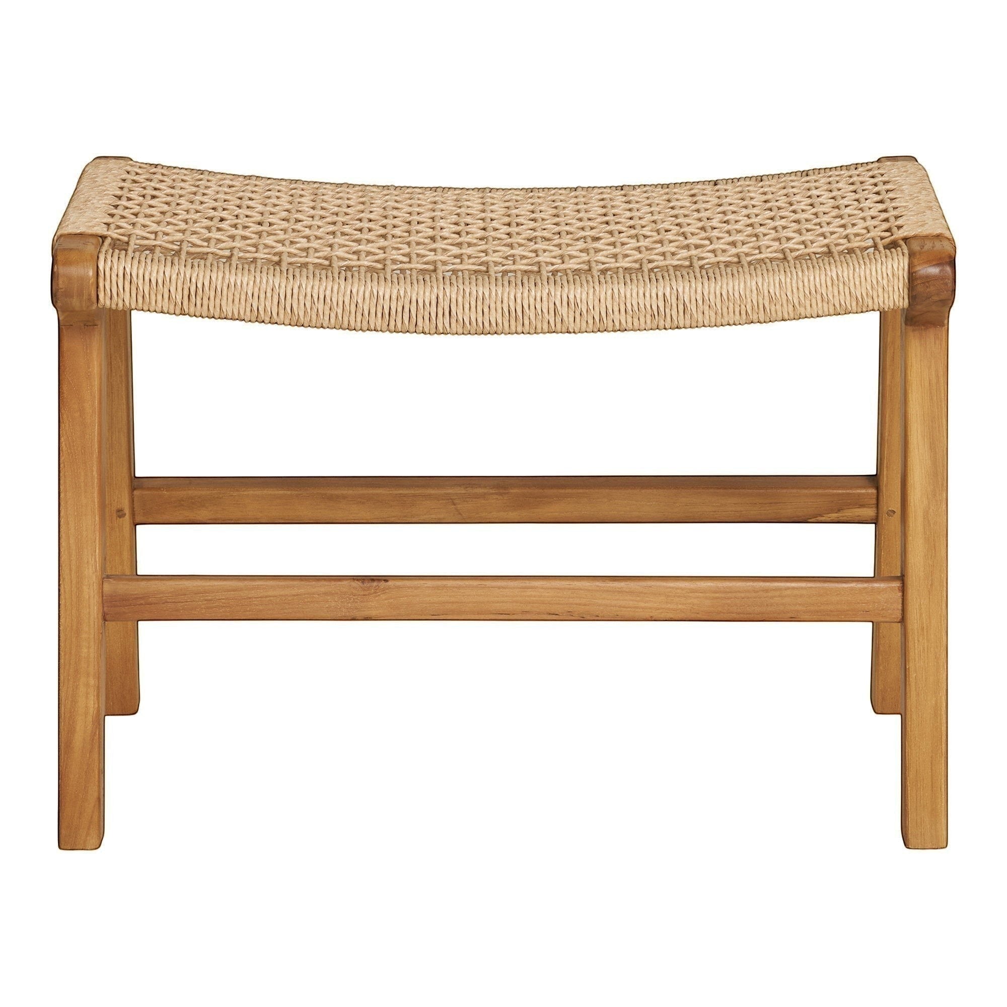 Kayu Living Derby footstool made of natural teak wood with a woven rope seat for indoor or outdoor use.