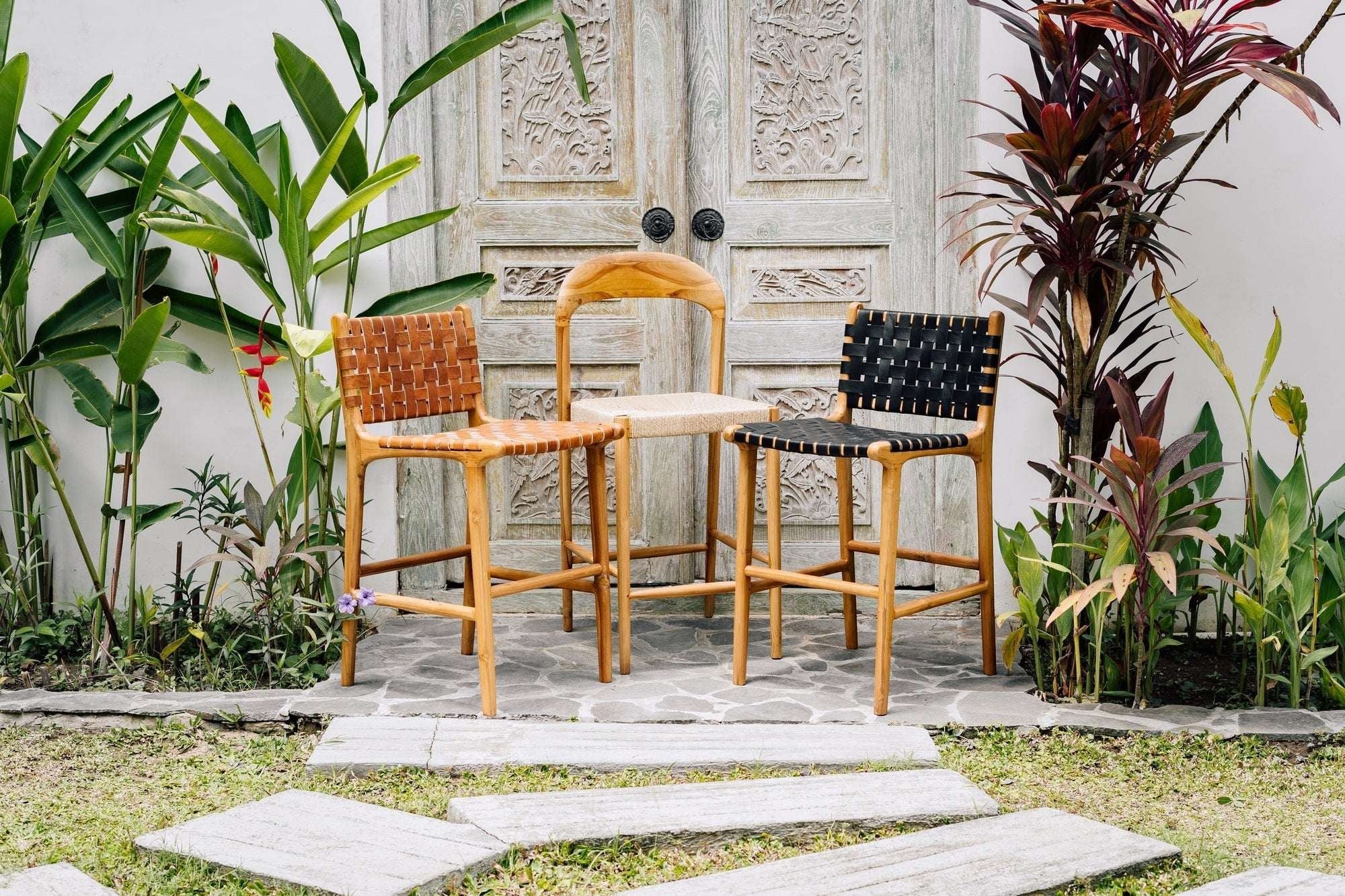 Kayu Living Cemagi teak and woven leather counter stool with natural finish seat and black woven leather seat.
