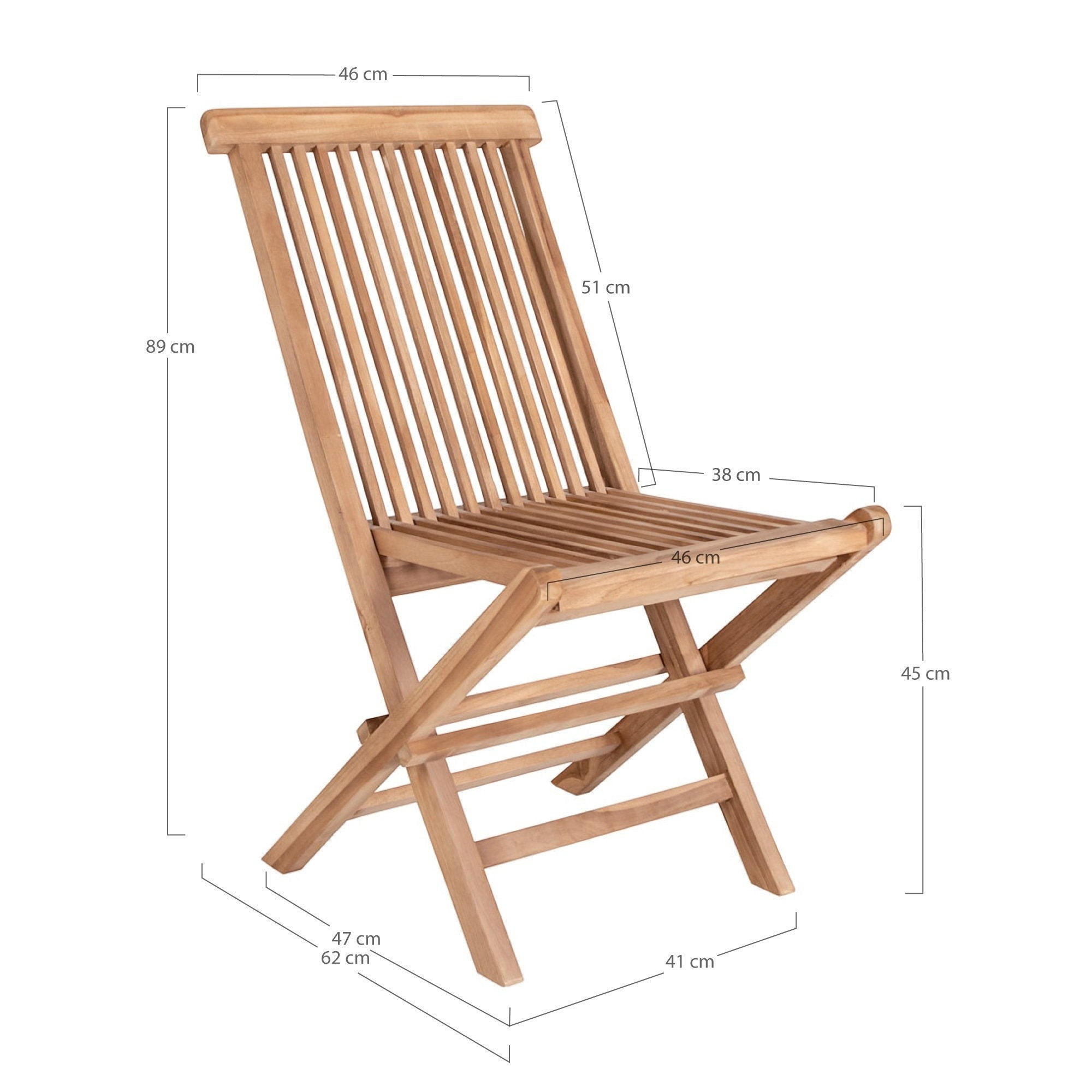 Kayu Living Toledo natural teak wood folding dining chair with slatted back and seat, shown with dimension labels.