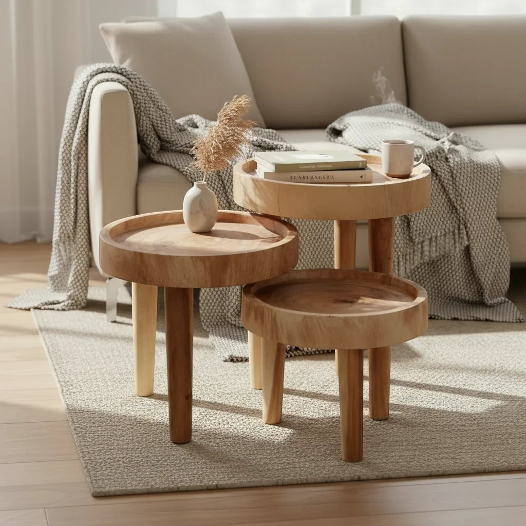 Kayu Living three-legged Ulu side table set made of natural suar wood with unique grain patterns. Perfect for living spaces.