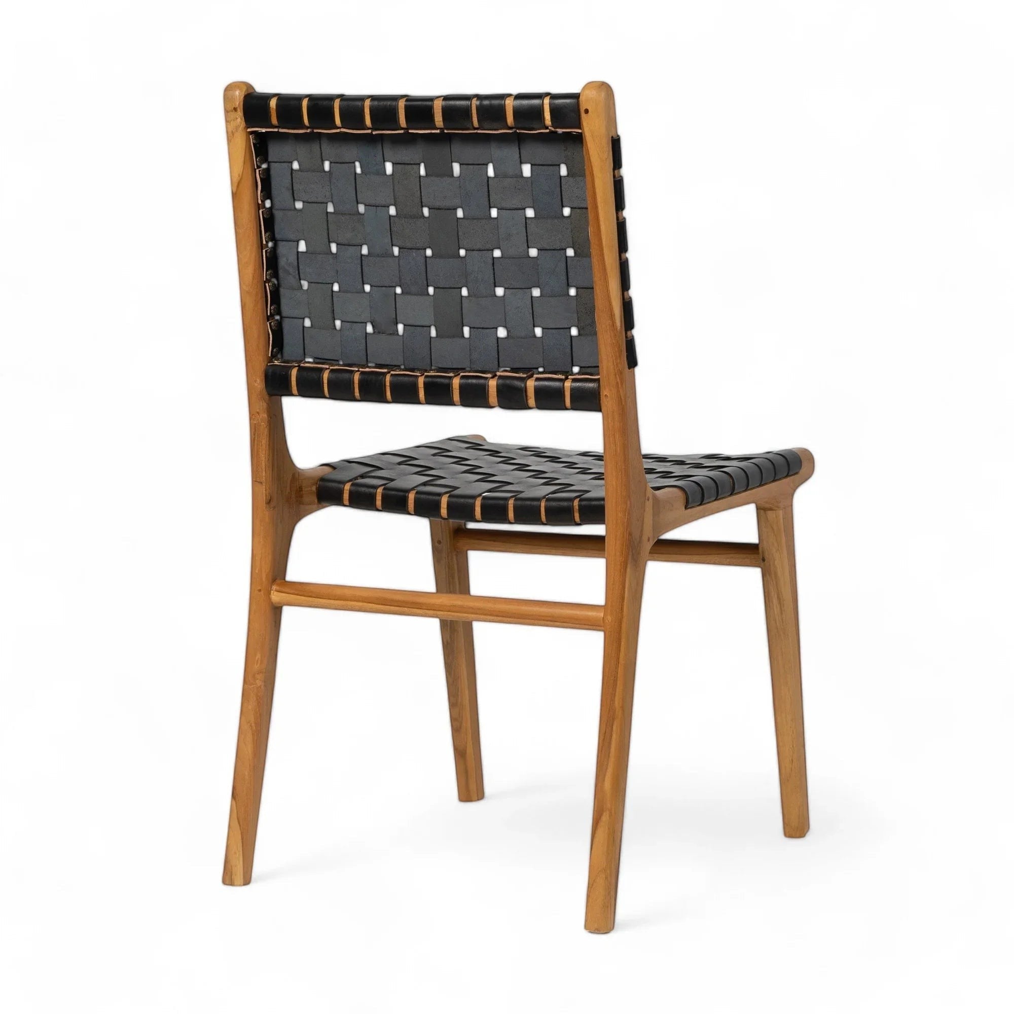 Kayu Living Umalas dining chair with hand-woven black leather seat and teak frame.