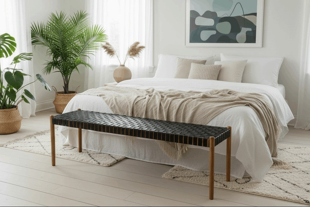 Kayu Living Umalas 180cm bench with solid teak frame and handwoven black leather seat, perfect for bedroom or hallway.