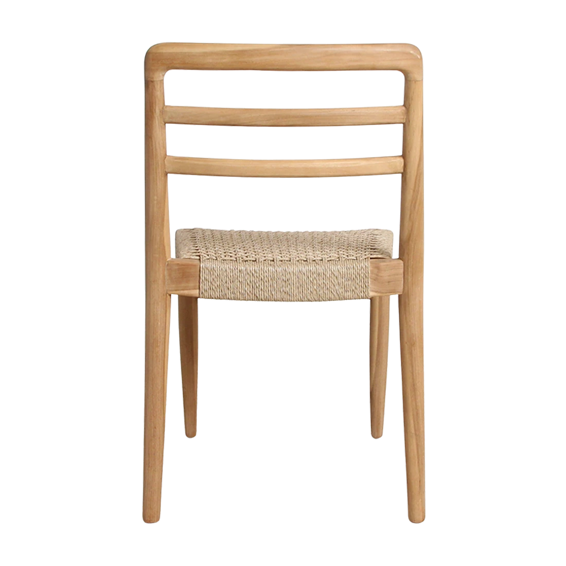 Kayu Living Verano teak dining chair in natural wood with a woven rope seat, shown from a back view.
