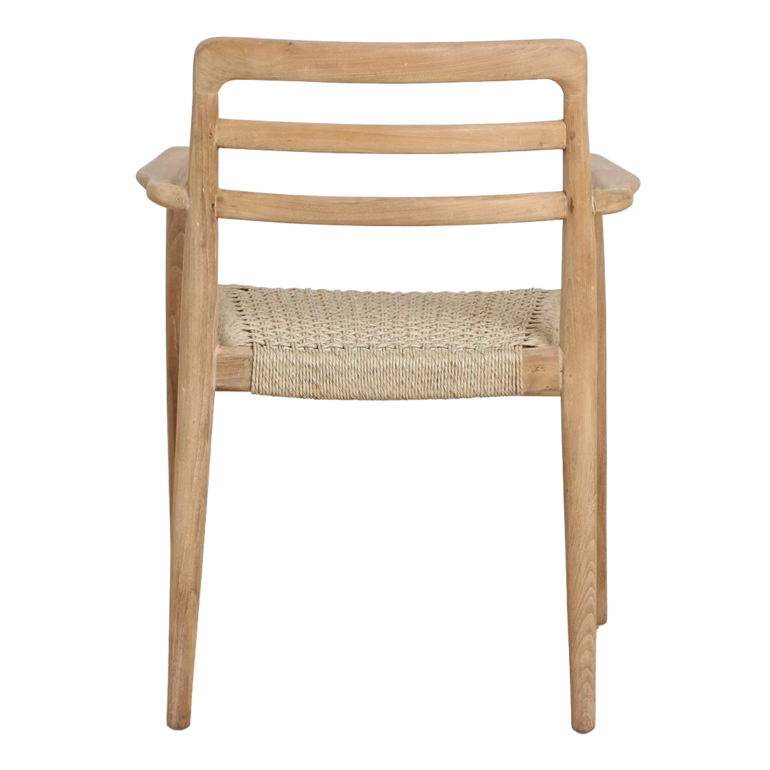 Kayu Living Verano teak garden chair with armrests and woven rope seat in natural wood finish