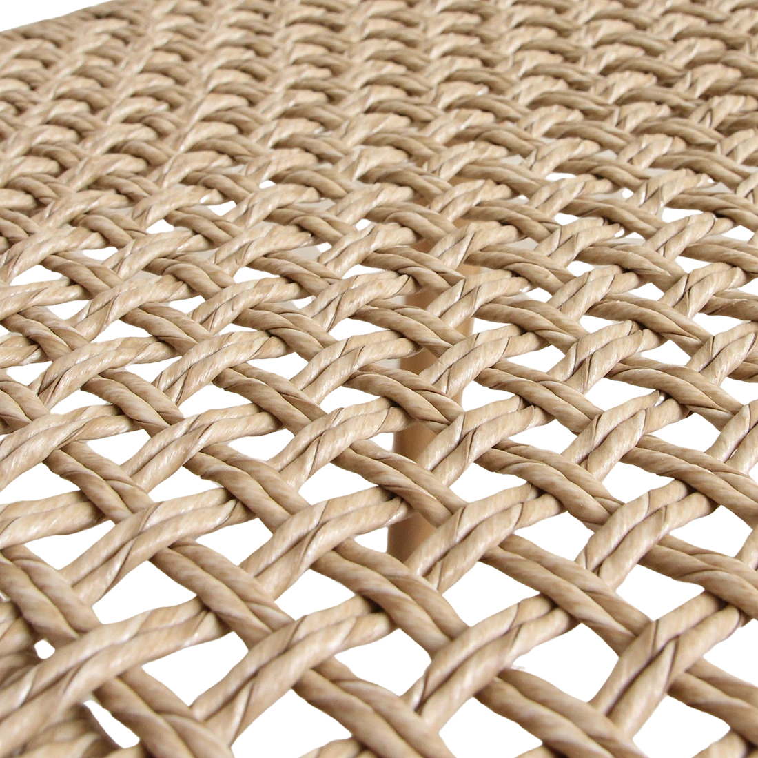 Close-up of the natural weather-resistant woven rope seat on a Kayu Living Verano teak dining chair.