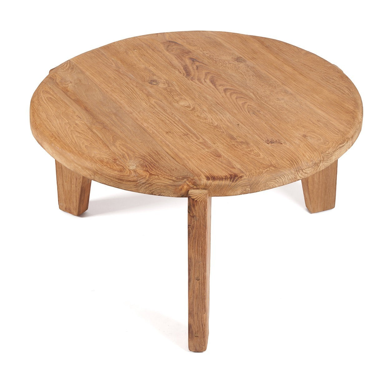 Kayu Living Wabi Sabi reclaimed teak coffee table, round, natural finish, three-legged design.