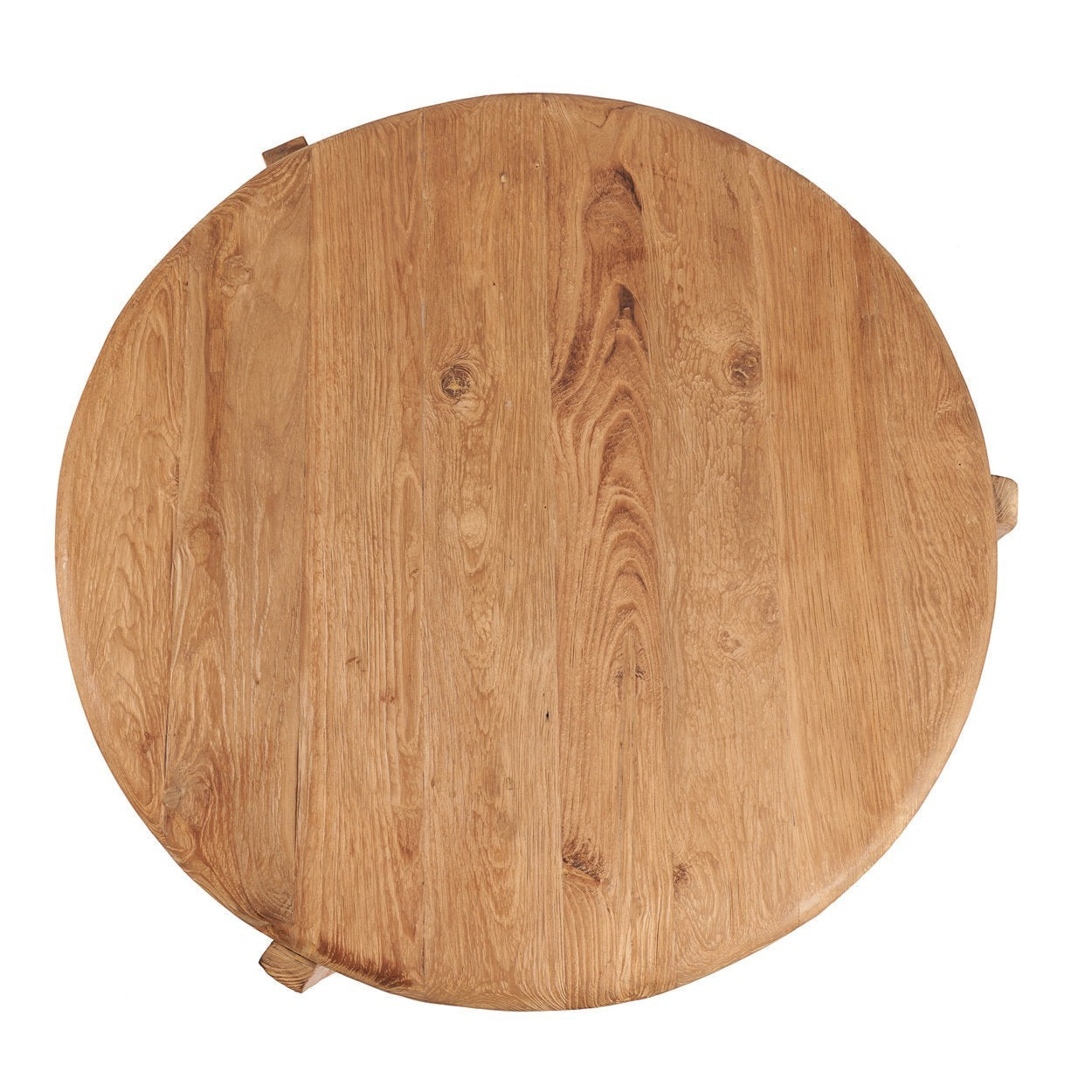 Kayu Living Wabi Sabi reclaimed teak coffee table, round, natural finish, three-legged design.