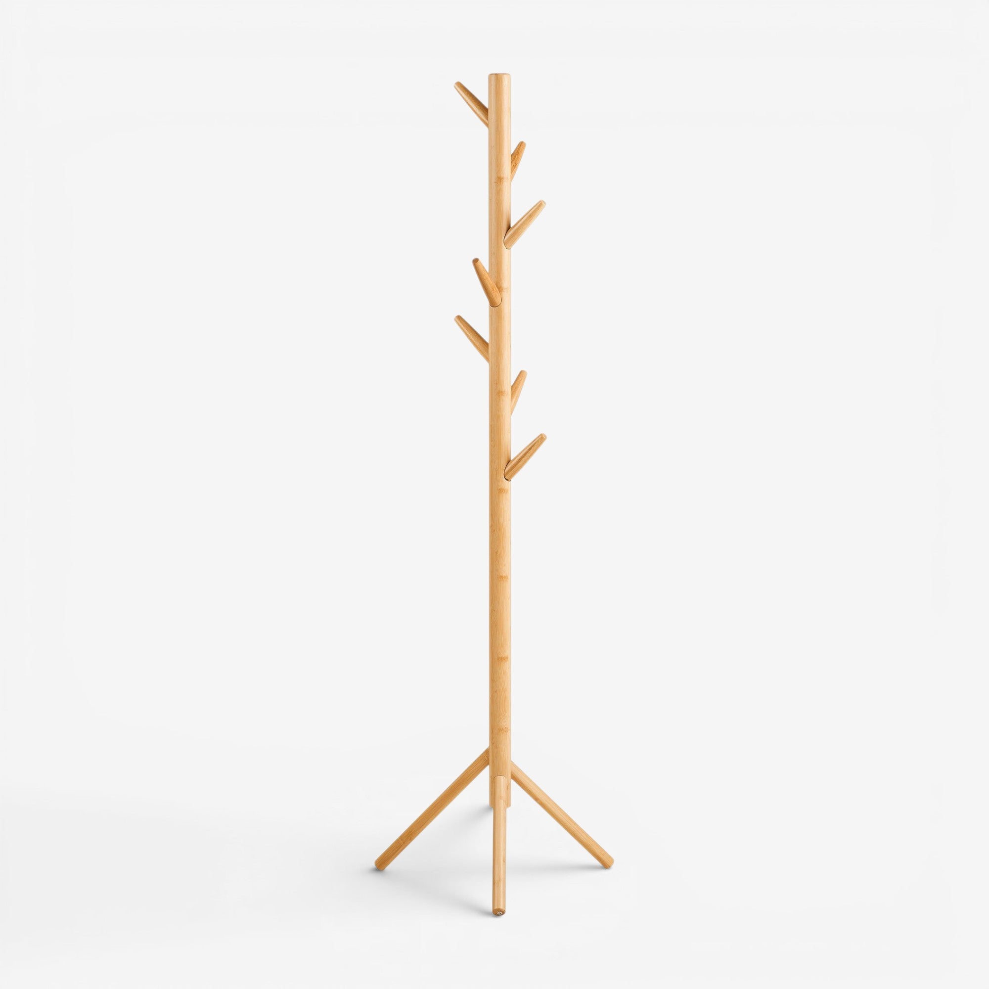 Kayu Living Wanaka natural bamboo coat rack with multiple branches for hanging coats, hats, and bags. Space-saving and stylish.