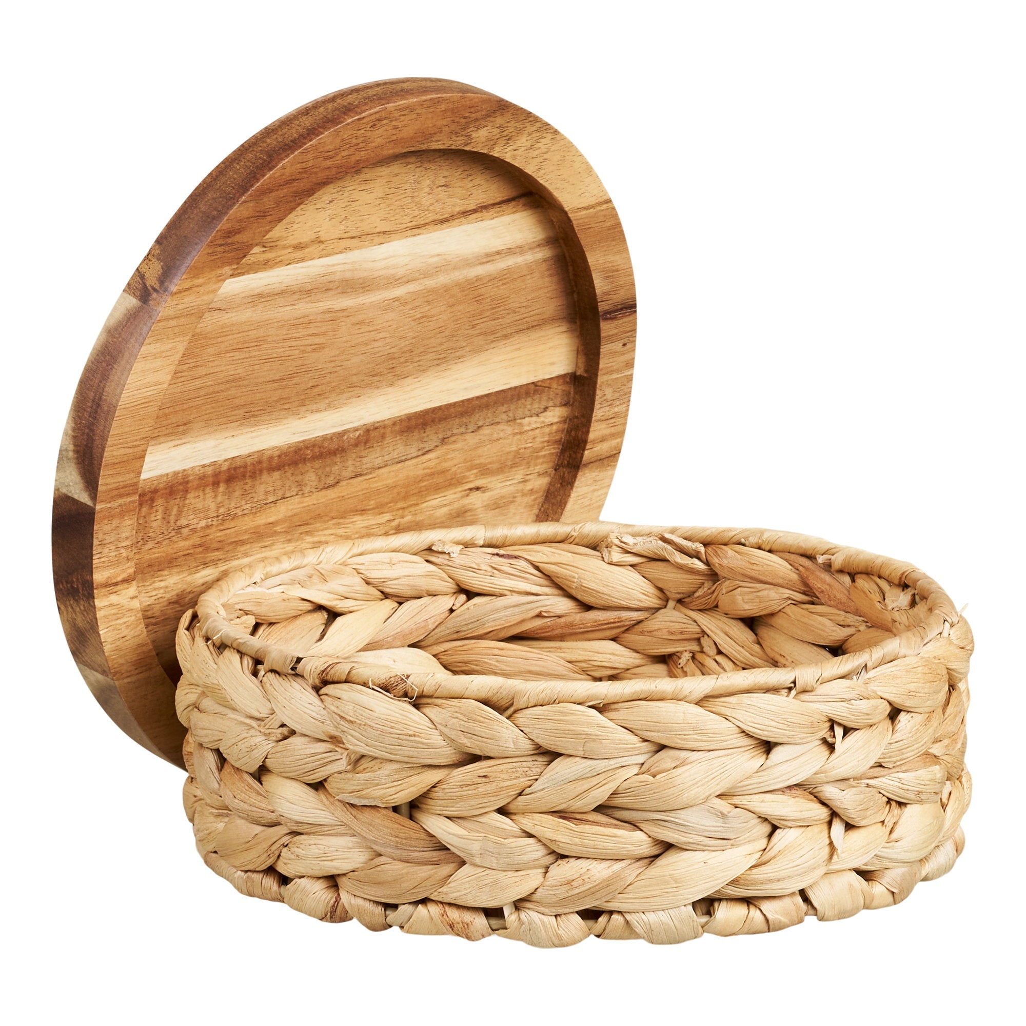 Kayu Living Botofte set of 3 natural water hyacinth baskets with round wooden lids for home storage.