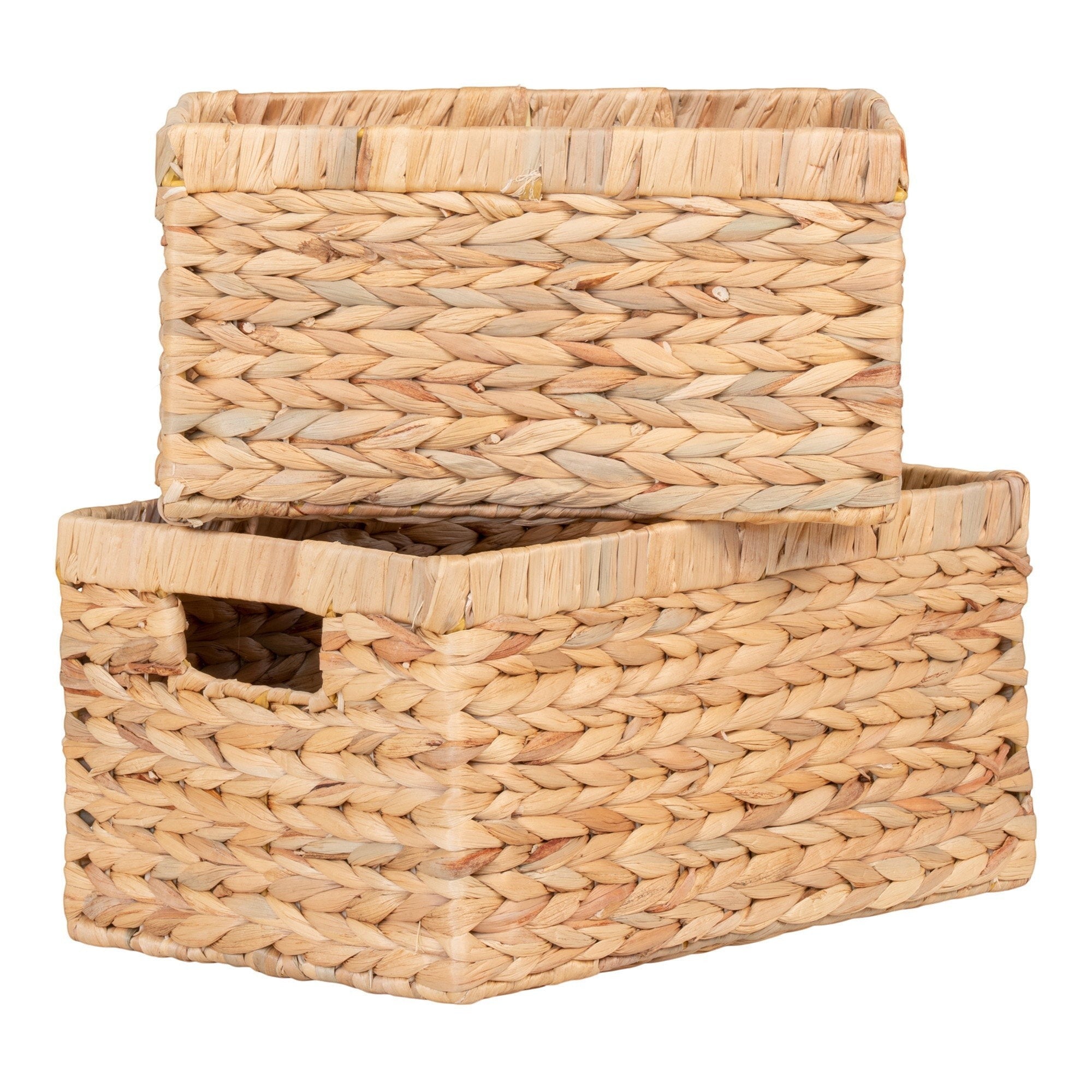 Kayu Living set of two handcrafted natural water hyacinth storage baskets with rectangular woven design
