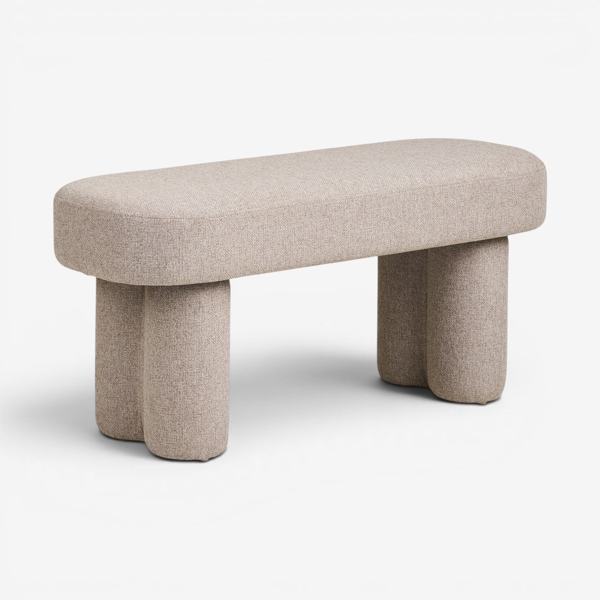 Kayu Living Weston Bench in sand tone upholstery with unique cylindrical legs. Modern, minimalist design.