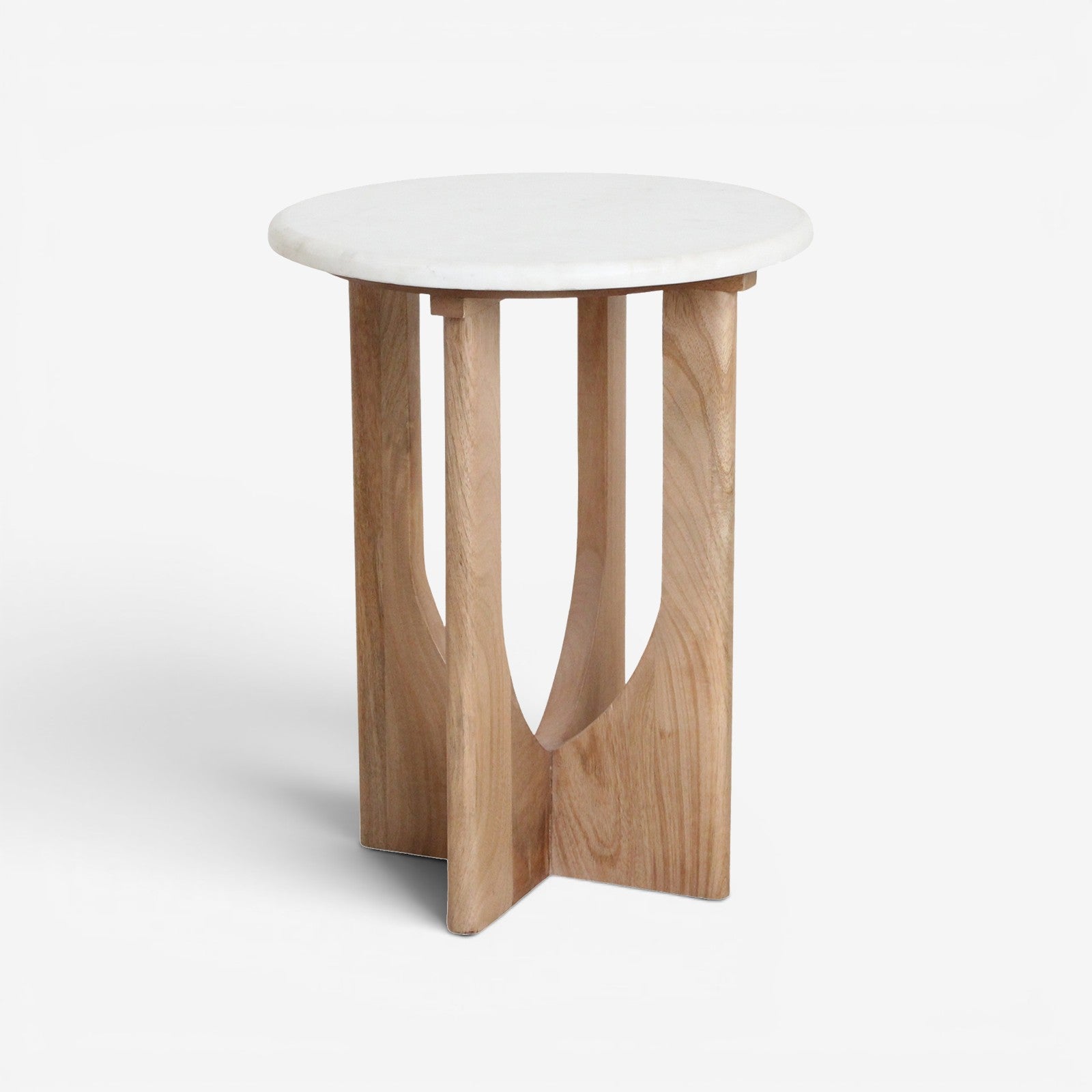Kayu Living Kuching side table with a white marble top and a light mango-wood arched base on a black background.
