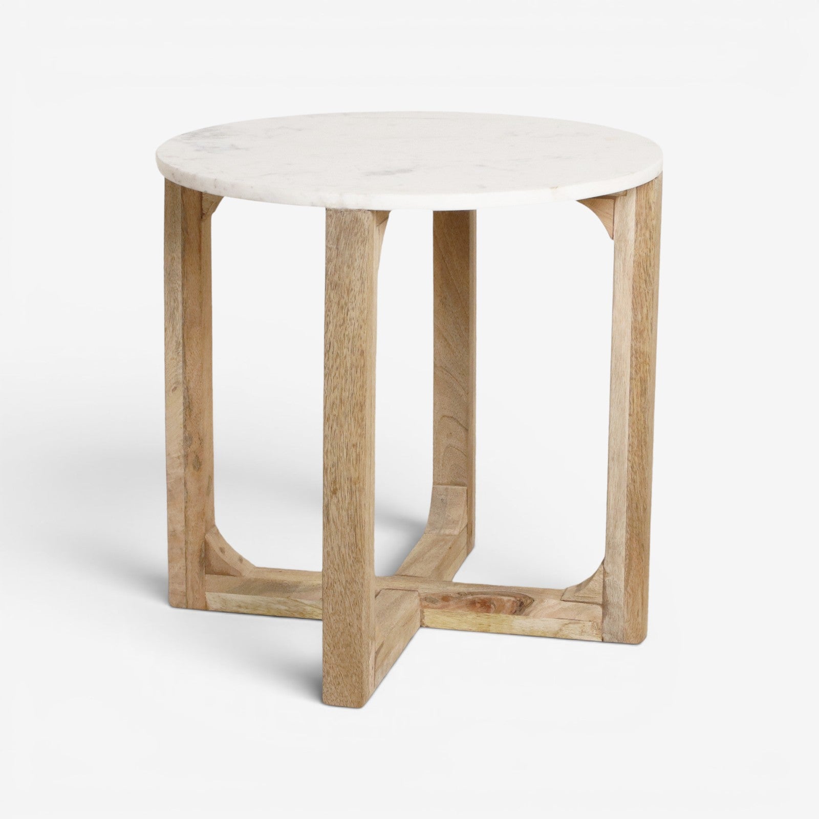 Kayu Living white marble side table with a round top and a solid mango wood cross-shaped base.