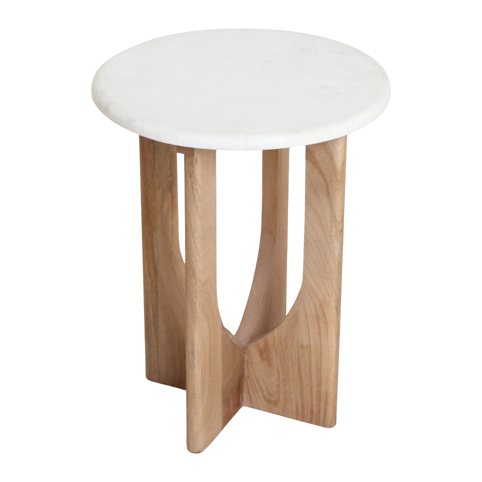 Kayu Living Kuching white marble side table with a round top and arched sustainably sourced mango-wood base.