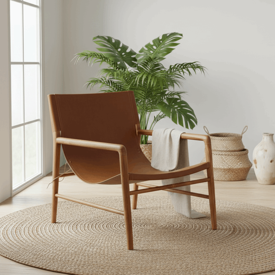 Brown leather chair in a room with a plant and decorative items.