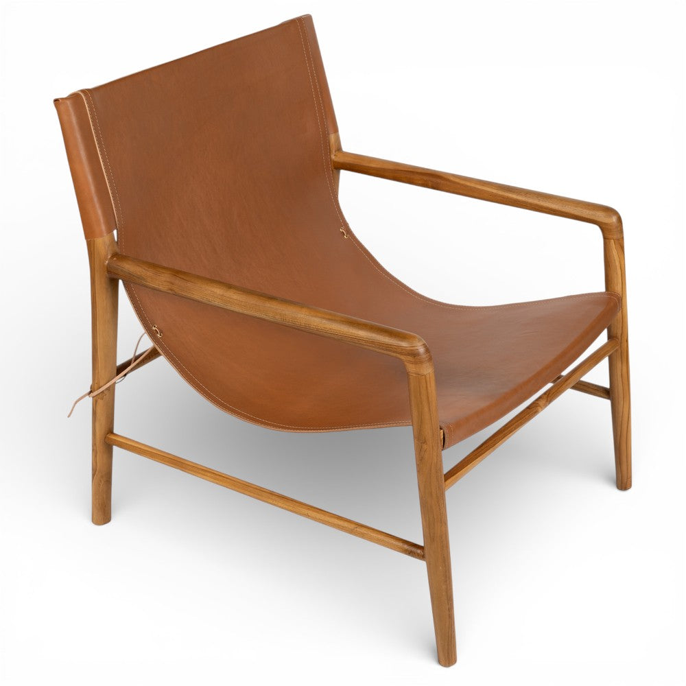 Brown leather chair with wooden frame on a white background