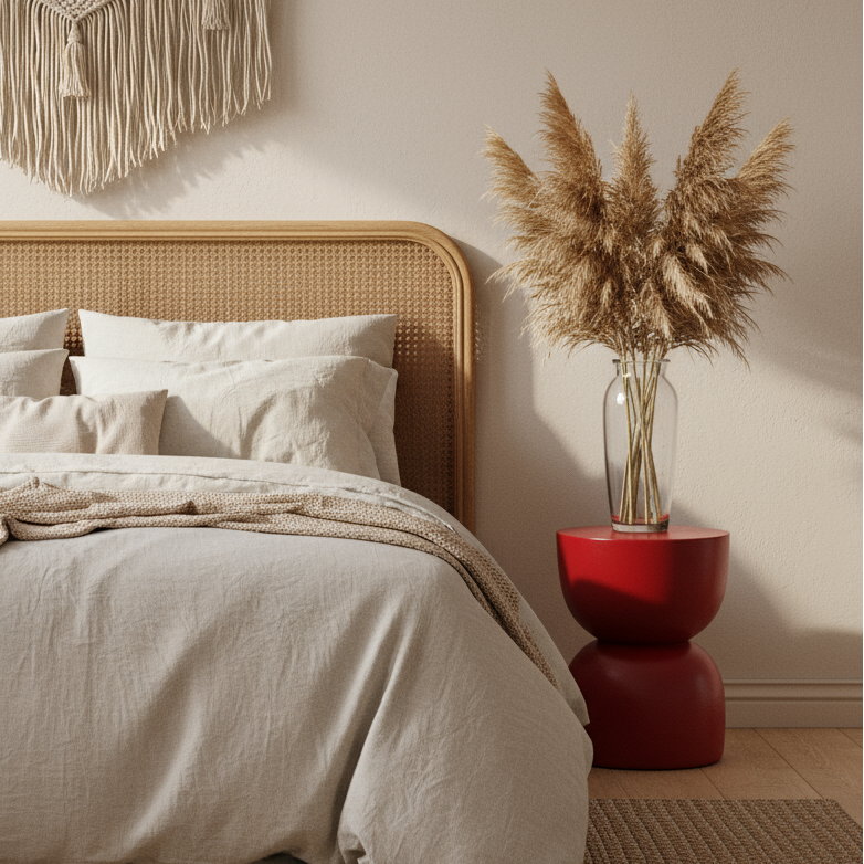Neatly made bed with beige bedding and white pillows, wall hanging above, and decorative vase on a red side table.