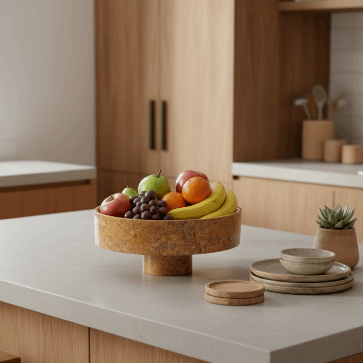 Kitchen counter with fruit bowl and decor in a modern kitchen setting