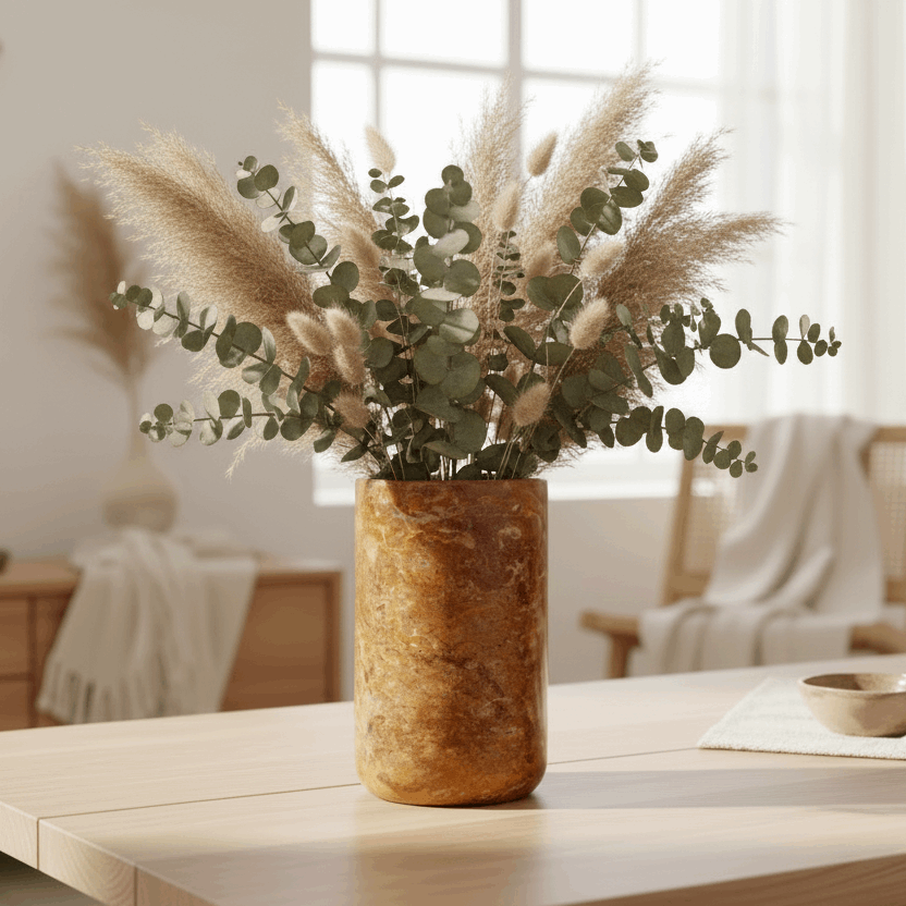 Vase with greenery on a wooden table in a bright room